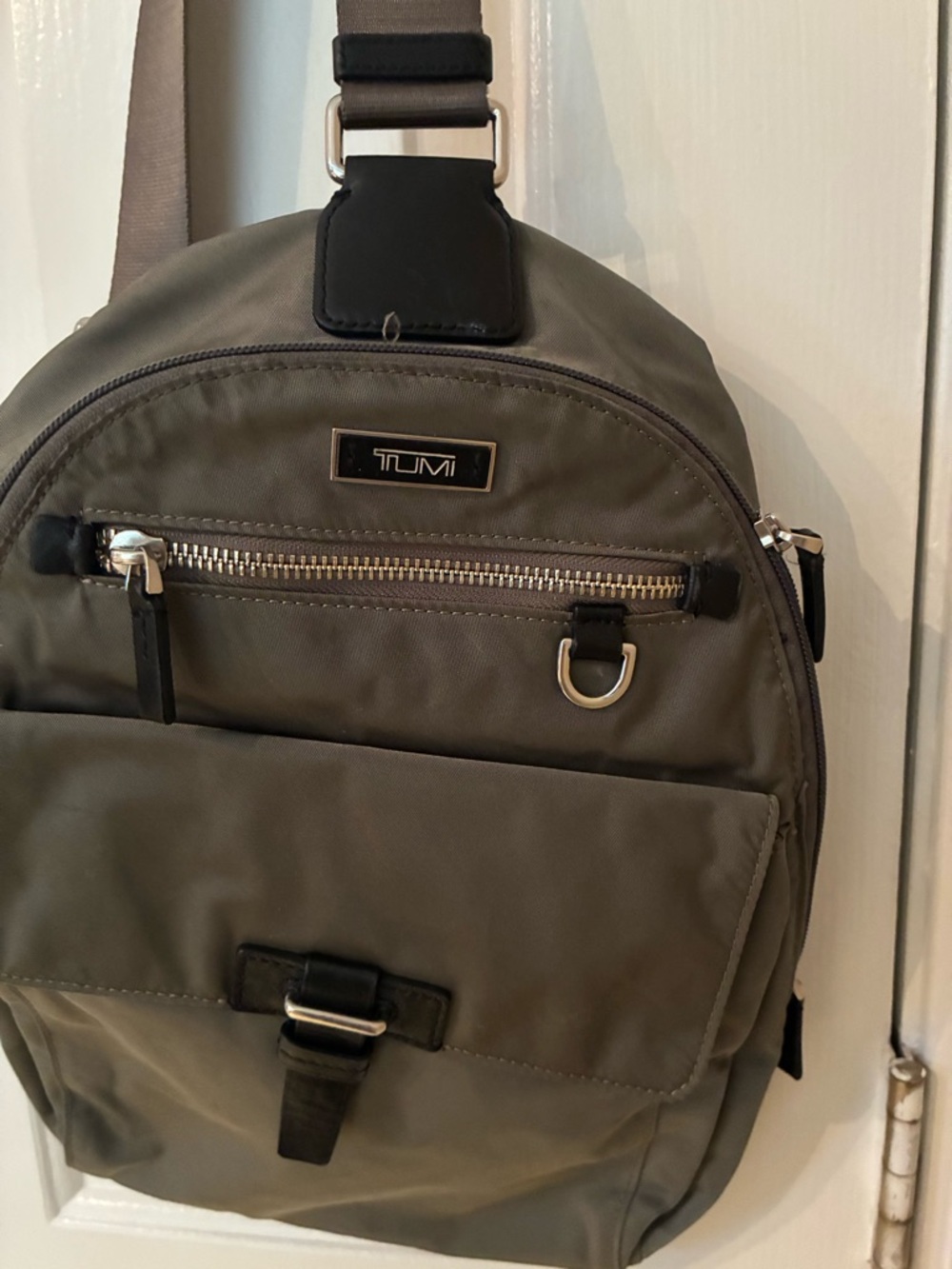 Tumi Olive Green Nylon Sling Backpack with Black Trim